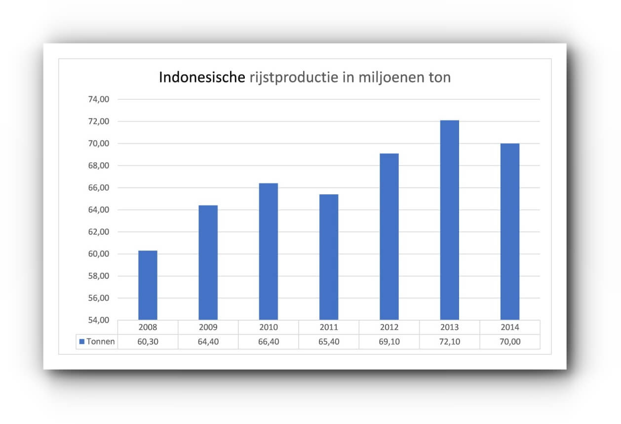 Indonesische rijstproductie (in miljoenen ton)